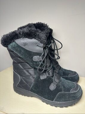 Columbia Women's Black Winter Lace-Up Fur-Trim Snow Boots